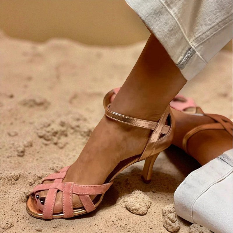 Sage™ | Open-Toe Stiletto Heels with Gold & Pink Accents