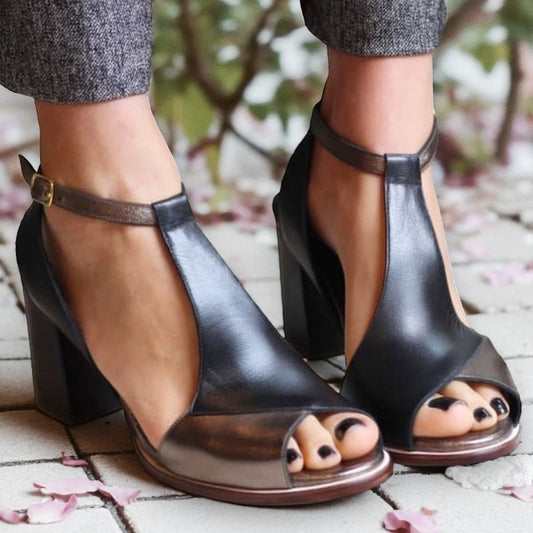 Allegra™ | Black Patchwork Peep-Toe Heels
