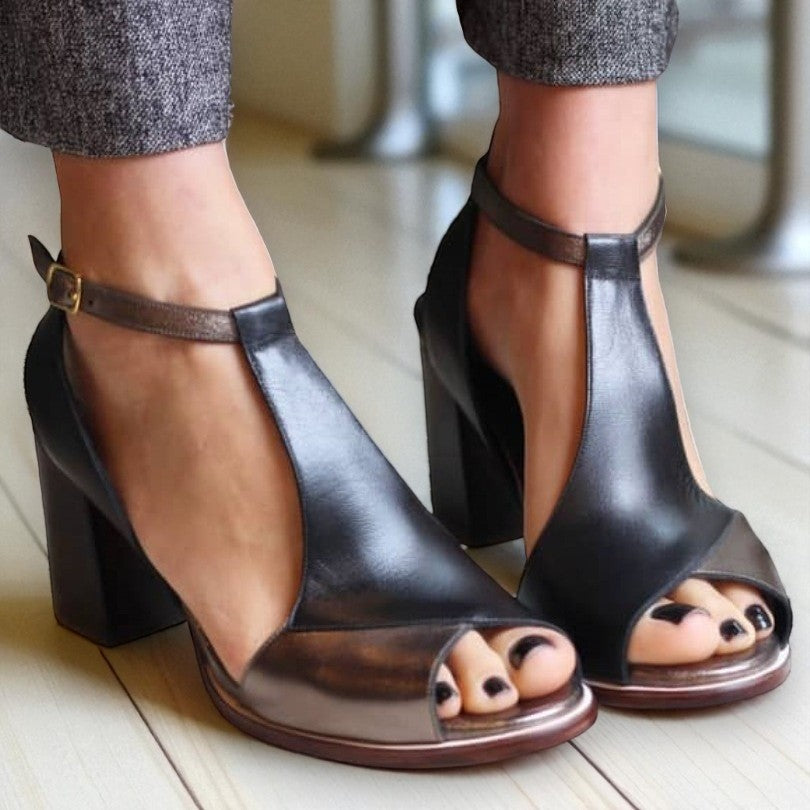 Allegra™ | Black Patchwork Peep-Toe Heels