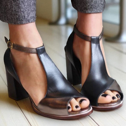 Allegra™ | Black Patchwork Peep-Toe Heels
