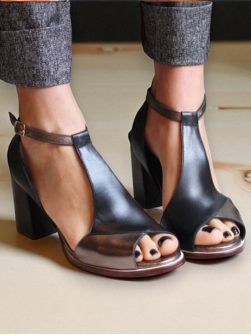 Allegra™ | Black Patchwork Peep-Toe Heels