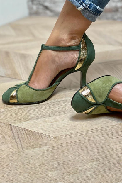 Quinn™ | Patchwork Green Heels with T-Strap