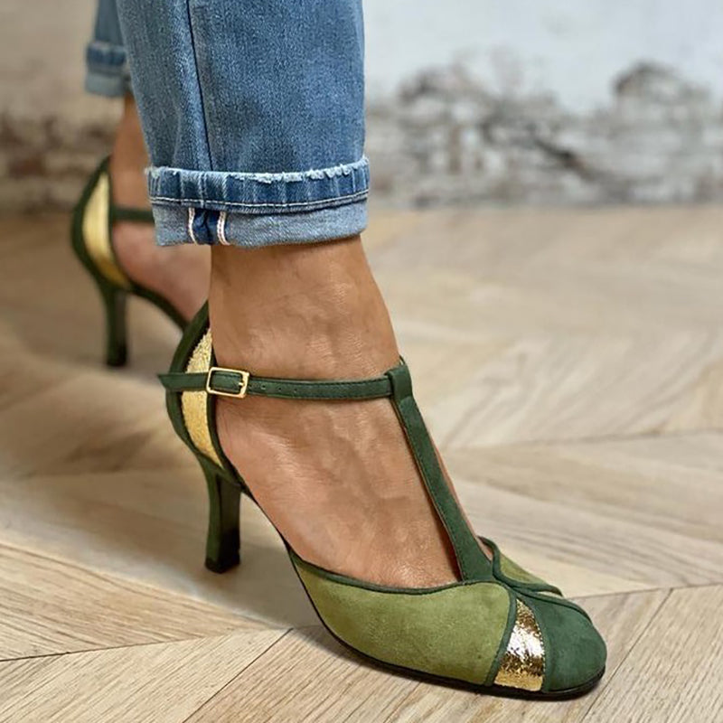 Quinn™ | Patchwork Green Heels with T-Strap