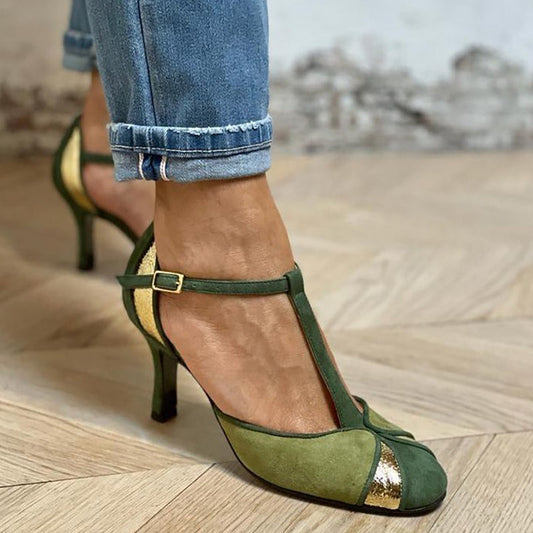 Quinn™ | Patchwork Green Heels with T-Strap