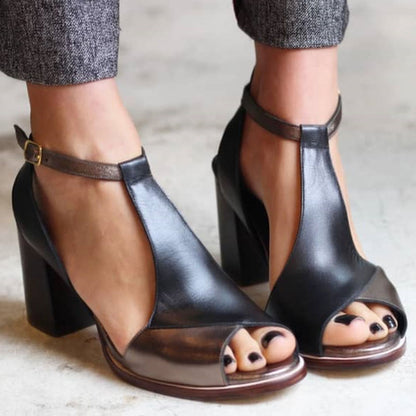 Allegra™ | Black Patchwork Peep-Toe Heels
